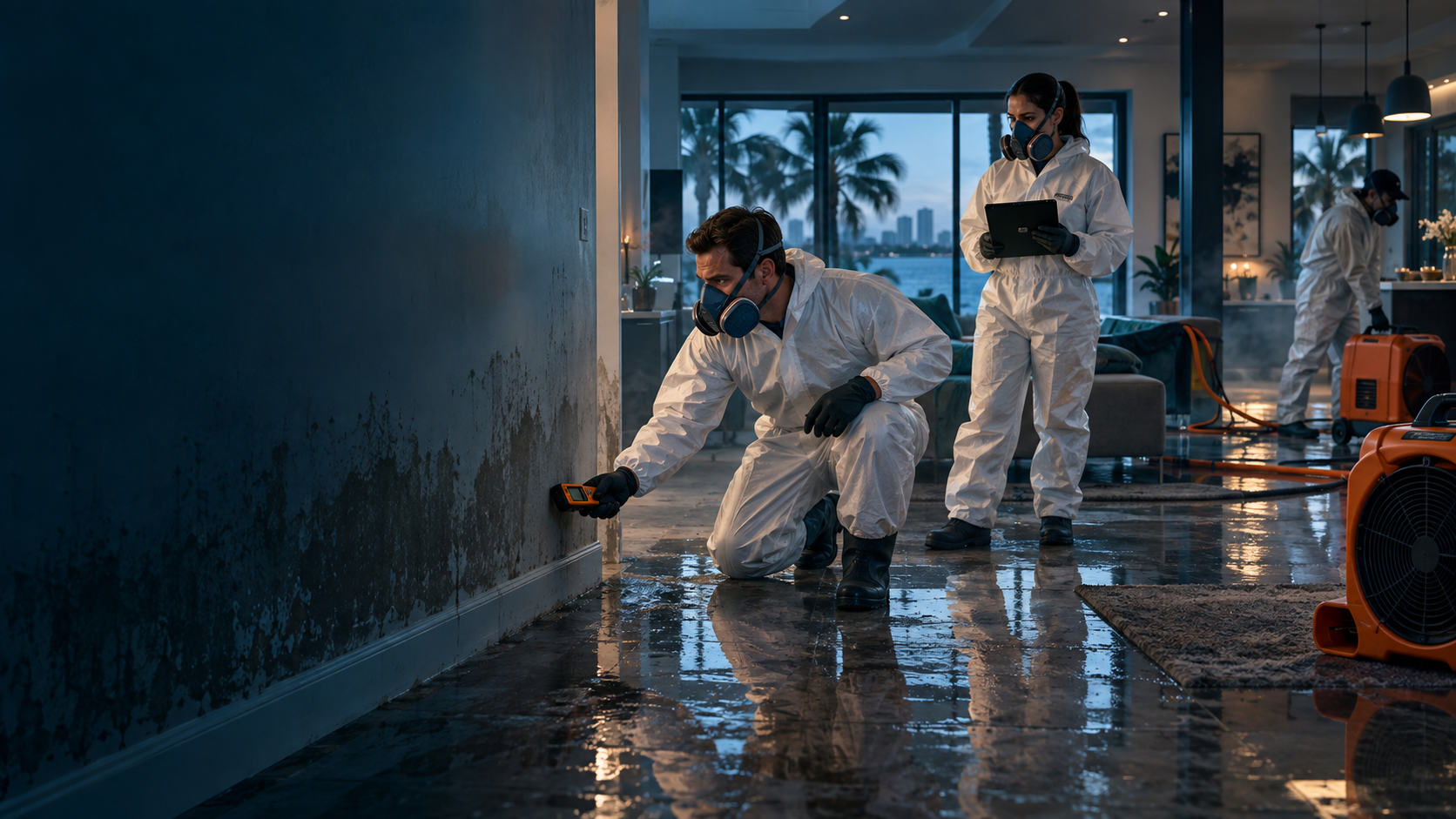 Remediation professionals assessing property damage